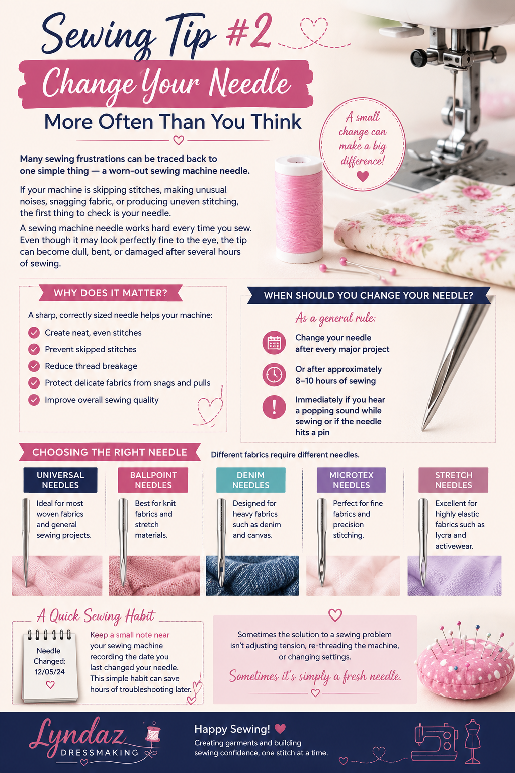 Close-up of sewing machine needle with sewing tip explaining when and why to change your needle for better stitch quality.