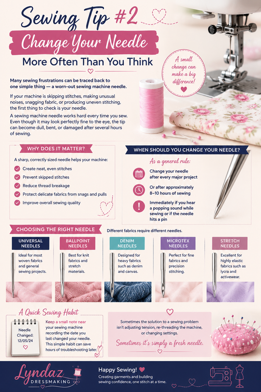 Close-up of sewing machine needle with sewing tip explaining when and why to change your needle for better stitch quality.