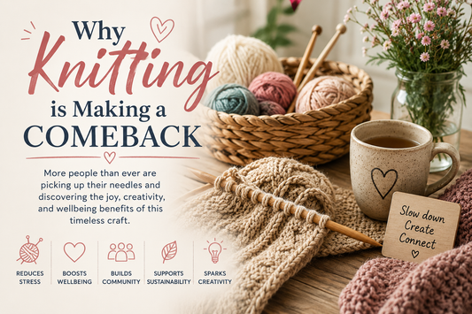 Knitting project with yarn and knitting needles showing why knitting is making a comeback as a creative and relaxing hobby.