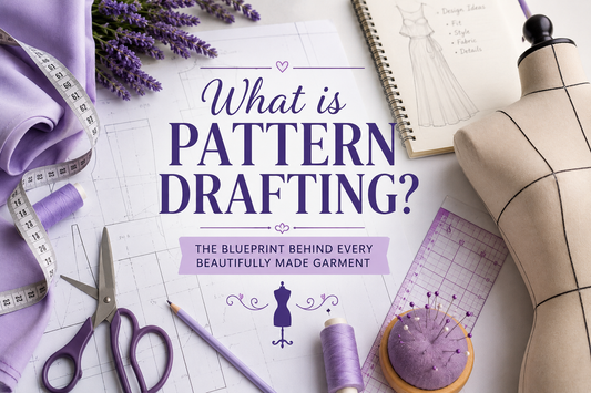 "Pattern drafting tools, ruler, pattern paper and dressmaking sketches used for creating custom garment patterns."