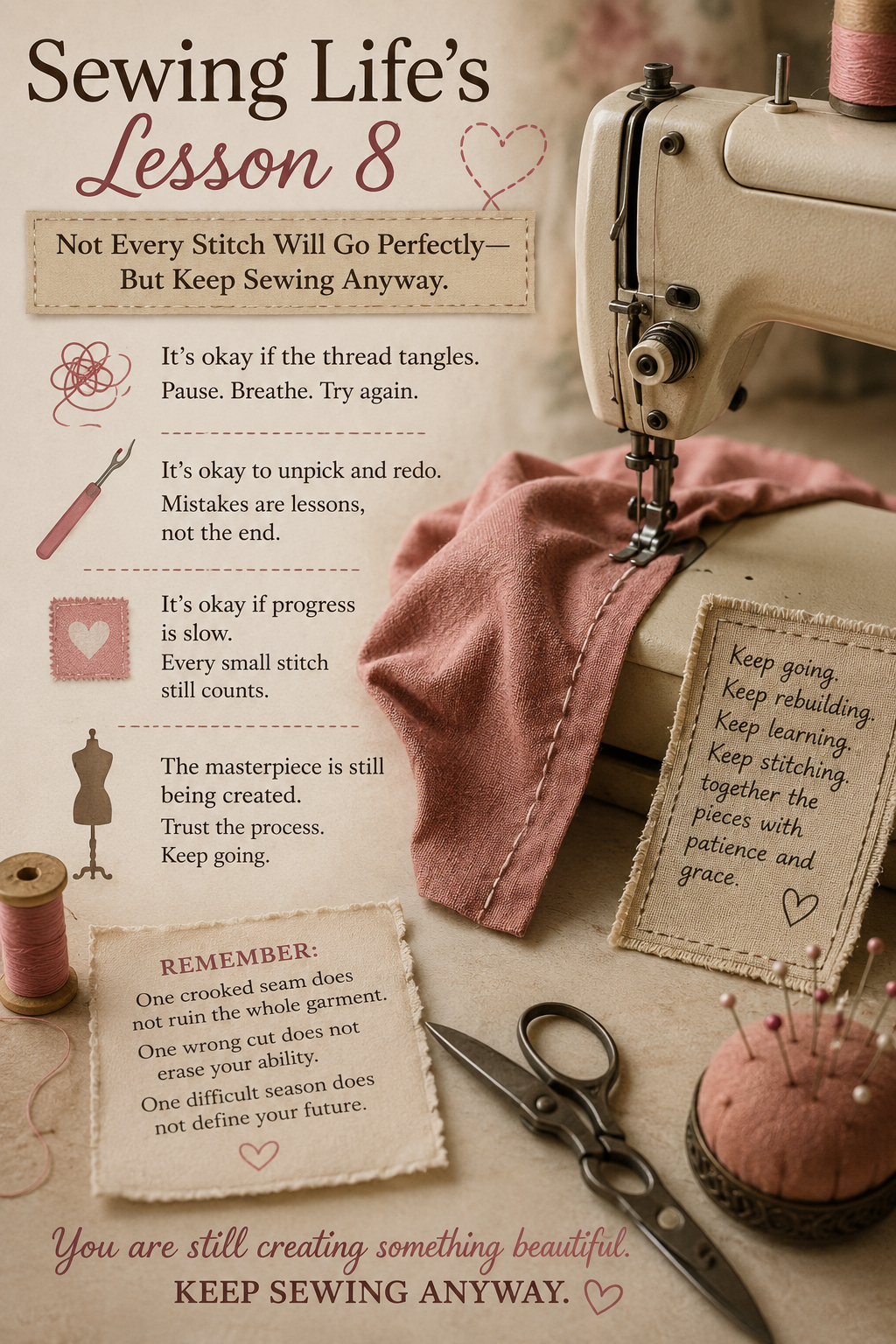 Vintage sewing-themed inspirational artwork for Sewing Life’s Lesson 8 about overcoming mistakes, resilience, patience, and continuing life’s journey despite setbacks.