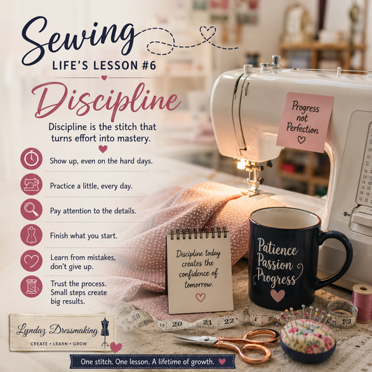 Inspirational sewing themed graphic titled Sewing Life’s Lesson #6 featuring a sewing machine, fabric, measuring tape, scissors, and motivational quotes about discipline, patience, and progress by Lyndaz Dressmaking.