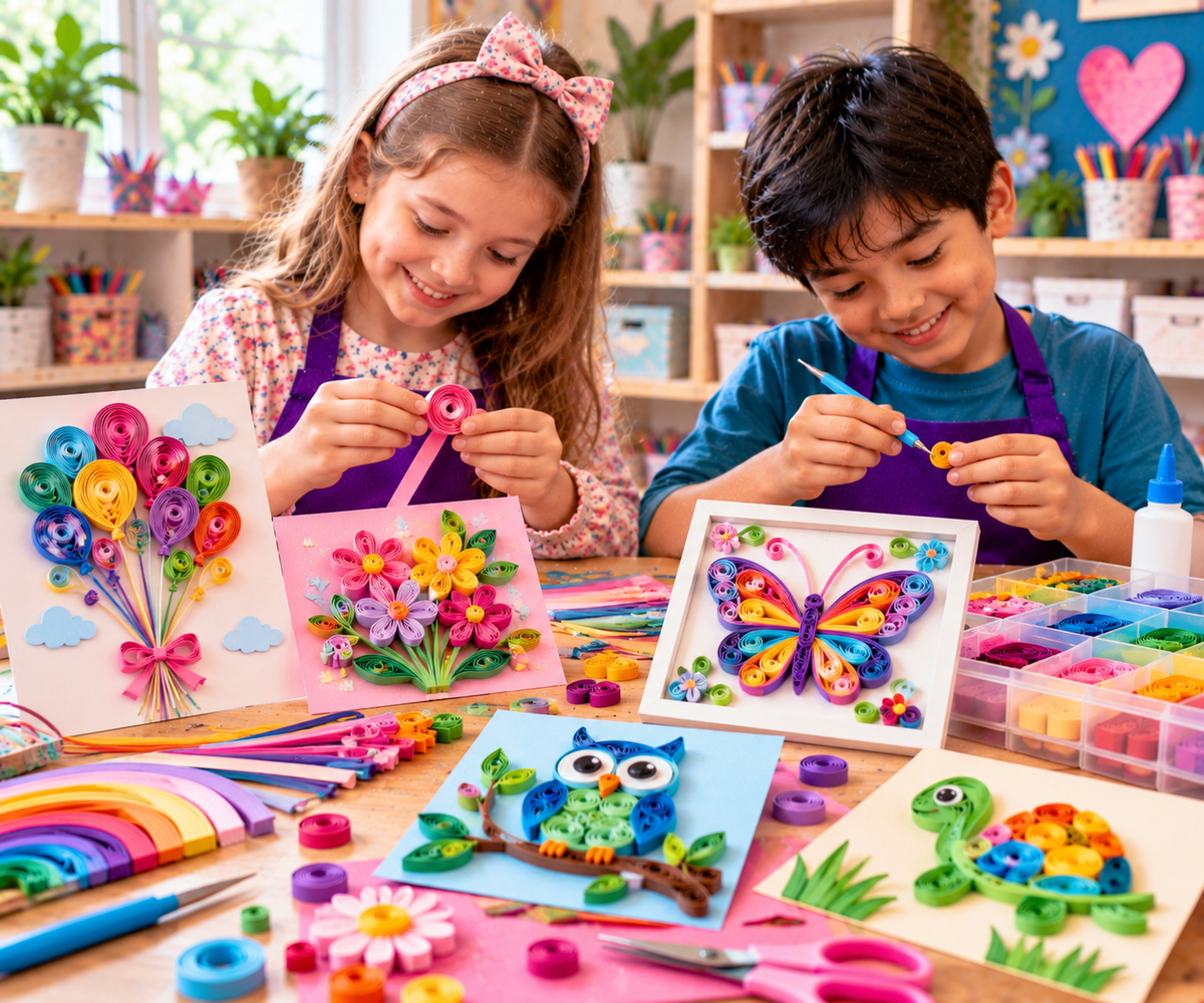 Two children smiling and crafting colorful quilted art pieces on a table in a bright classroom. Visible creations include a balloon bouquet, flowers, a butterfly, an owl, and a turtle, with craft supplies and shelves of colored beads in the background.