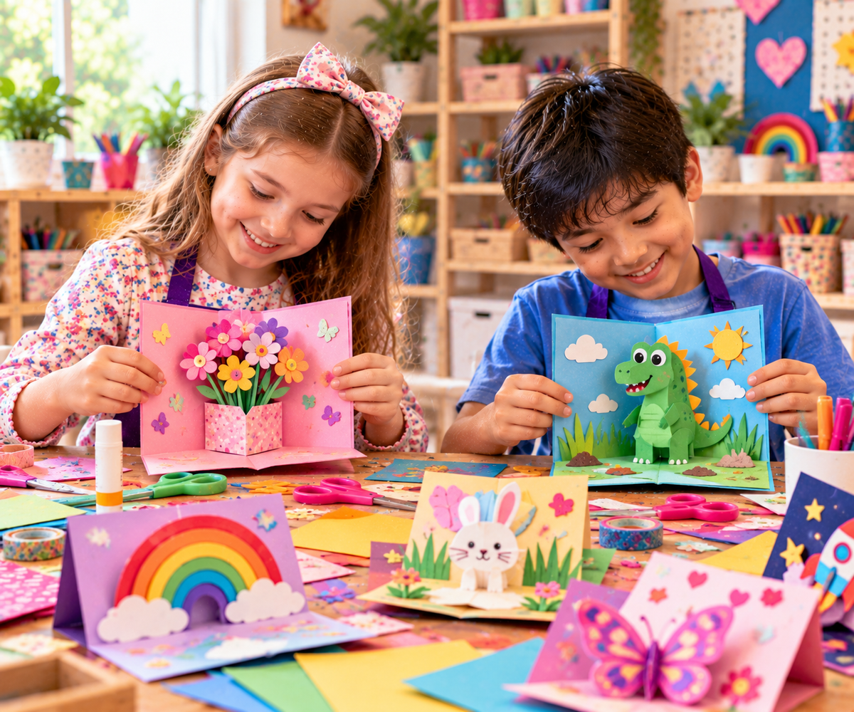 Two children creating colourful handmade pop-up greeting cards featuring flowers, dinosaurs and playful paper designs at Lyndaz Kreative Klasses in Rooty Hill, NSW.