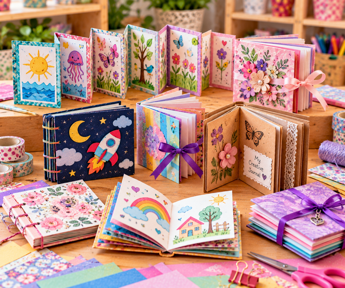 A collection of colorful handmade pocket journals and mini notebooks displayed on a wooden table, featuring various illustrations like a sun, jellyfish, trees, rockets, rainbows, and floral designs, with some tied in ribbons.